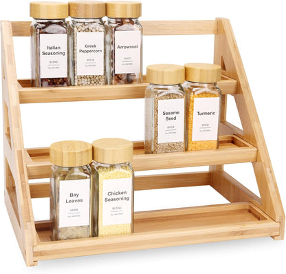3-Tier Natural Bamboo Spice Rack Organizer - for Kitchen Cabinets, Countertops & Pantries