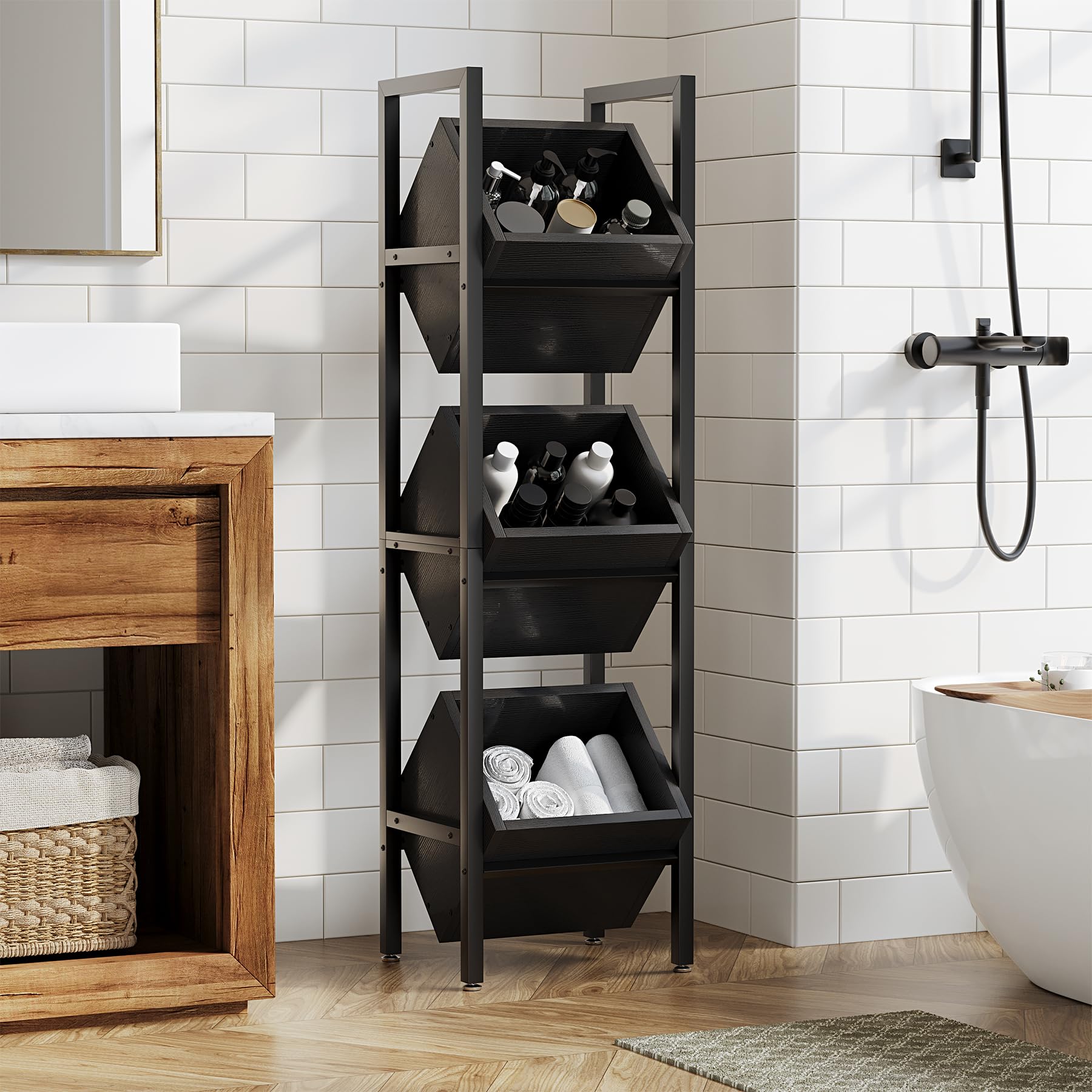 LITTLE TREE 3-Tier Basket Stand, Wooden Floor Stand Shelving Unit, Rustic Standing Organizer