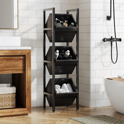 LITTLE TREE 3-Tier Basket Stand, Wooden Floor Stand Shelving Unit, Rustic Standing Organizer