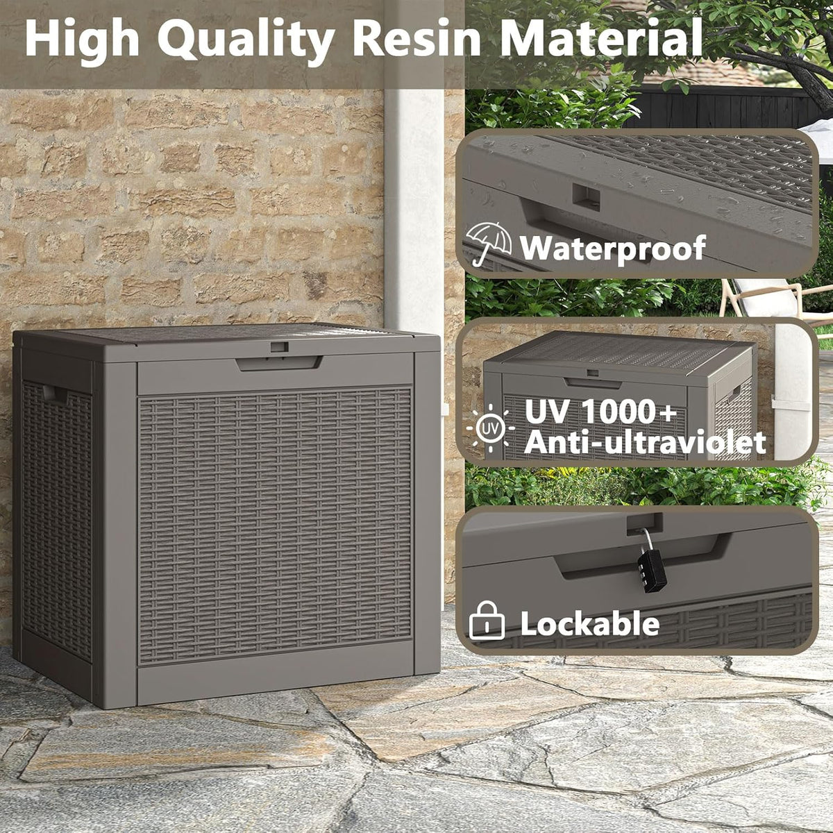NUNU LAB 30 Gallon Waterproof Resin Deck Box, Lockable Outdoor & Indoor Storage Bench for Patio