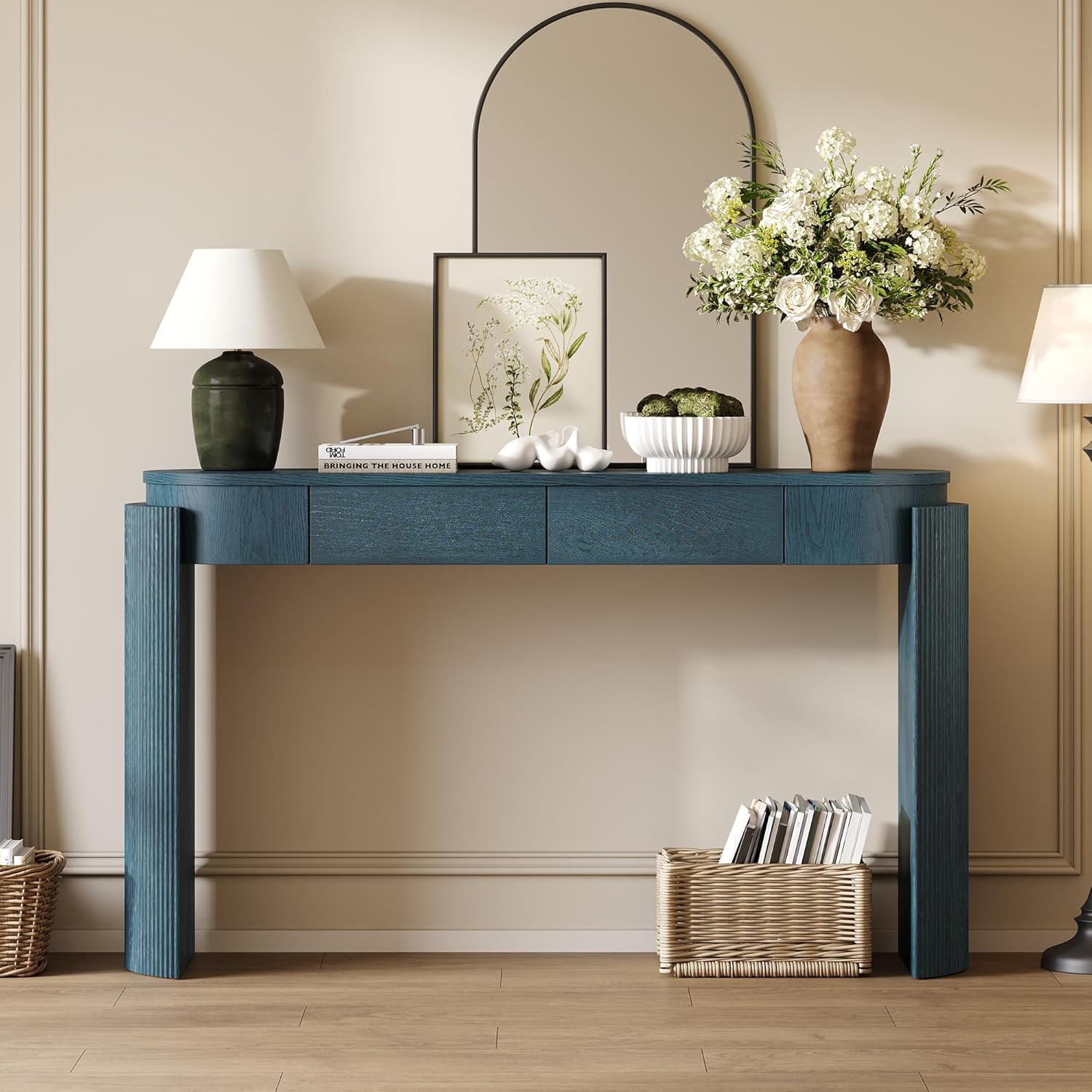 55" Sofa Table with Oval Top and 2 Drawers, Entryway Console Table with Fluted Design for