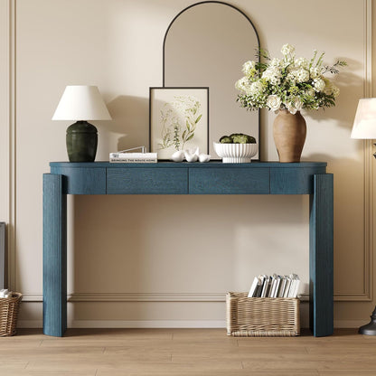 55" Sofa Table with Oval Top and 2 Drawers, Entryway Console Table with Fluted Design for