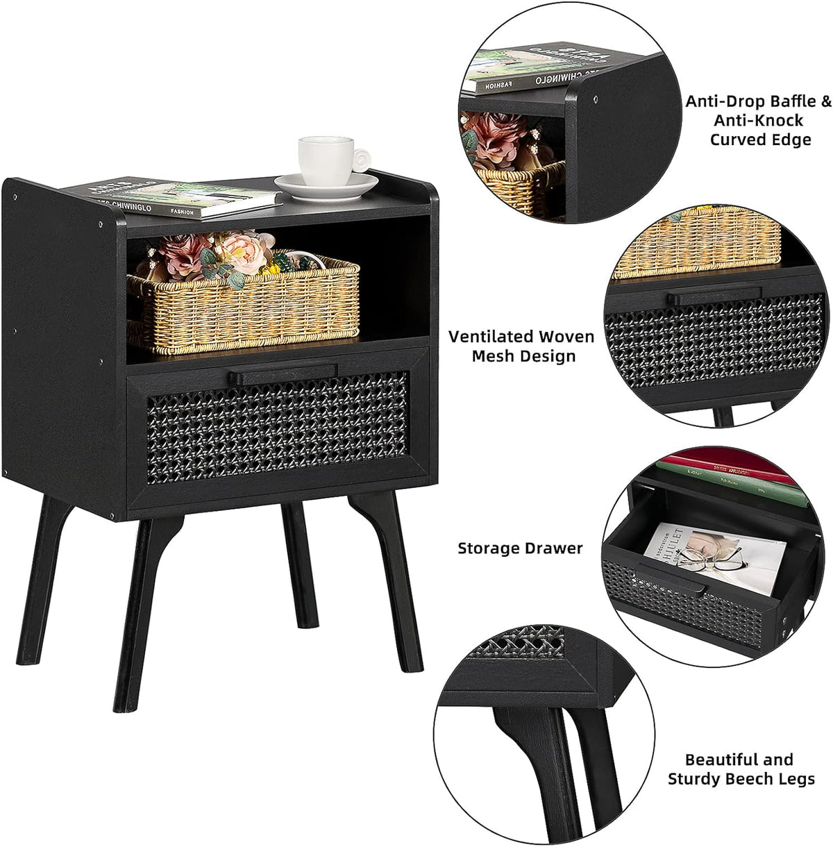 Lerliuo Rattan Nightstands Set of 2, Boho Side Table with Drawer Open Shelf, Cane Accent Bedside
