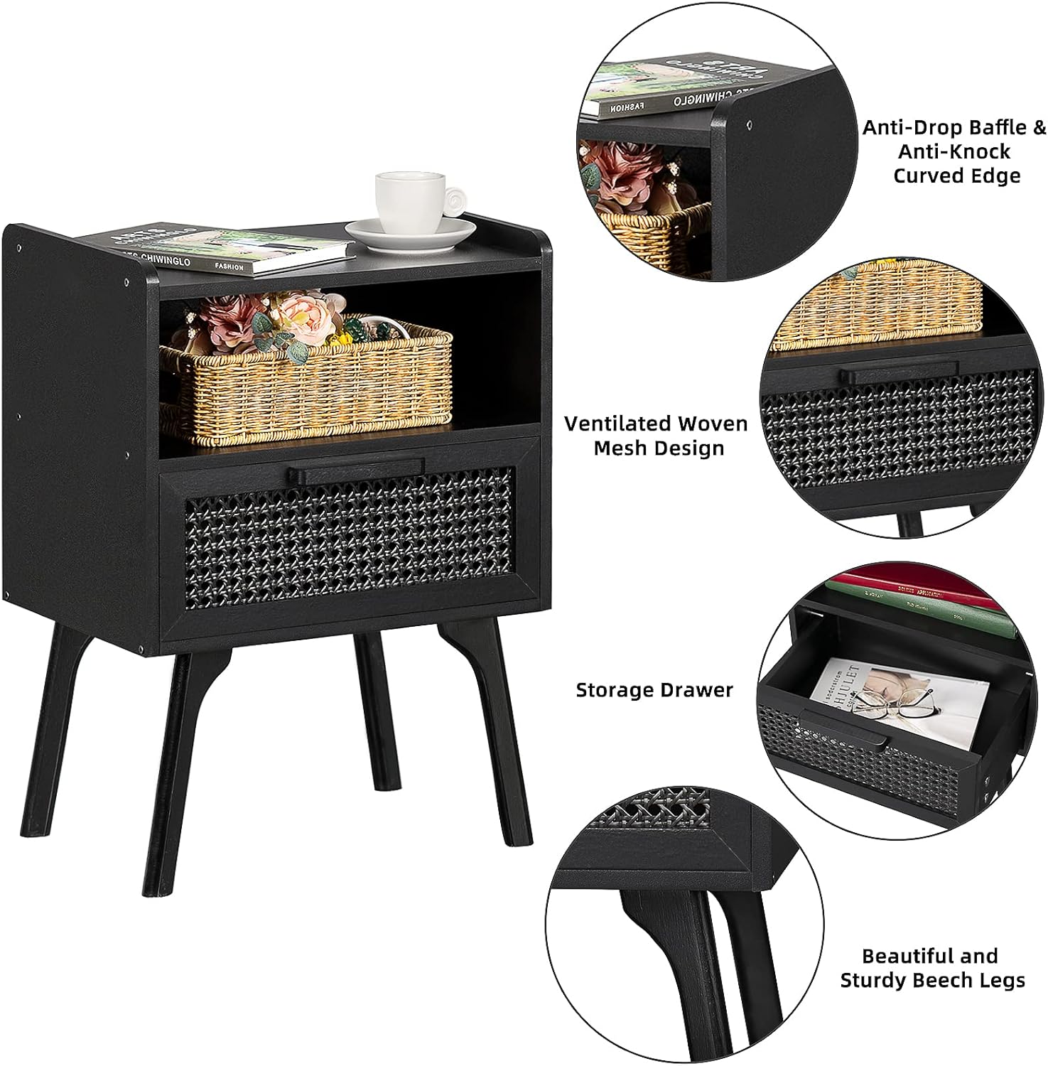Lerliuo Rattan Nightstands Set of 2, Boho Side Table with Drawer Open Shelf, Cane Accent Bedside
