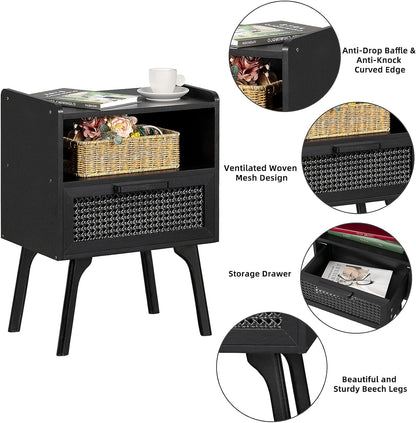 Lerliuo Rattan Nightstands Set of 2, Boho Side Table with Drawer Open Shelf, Cane Accent Bedside