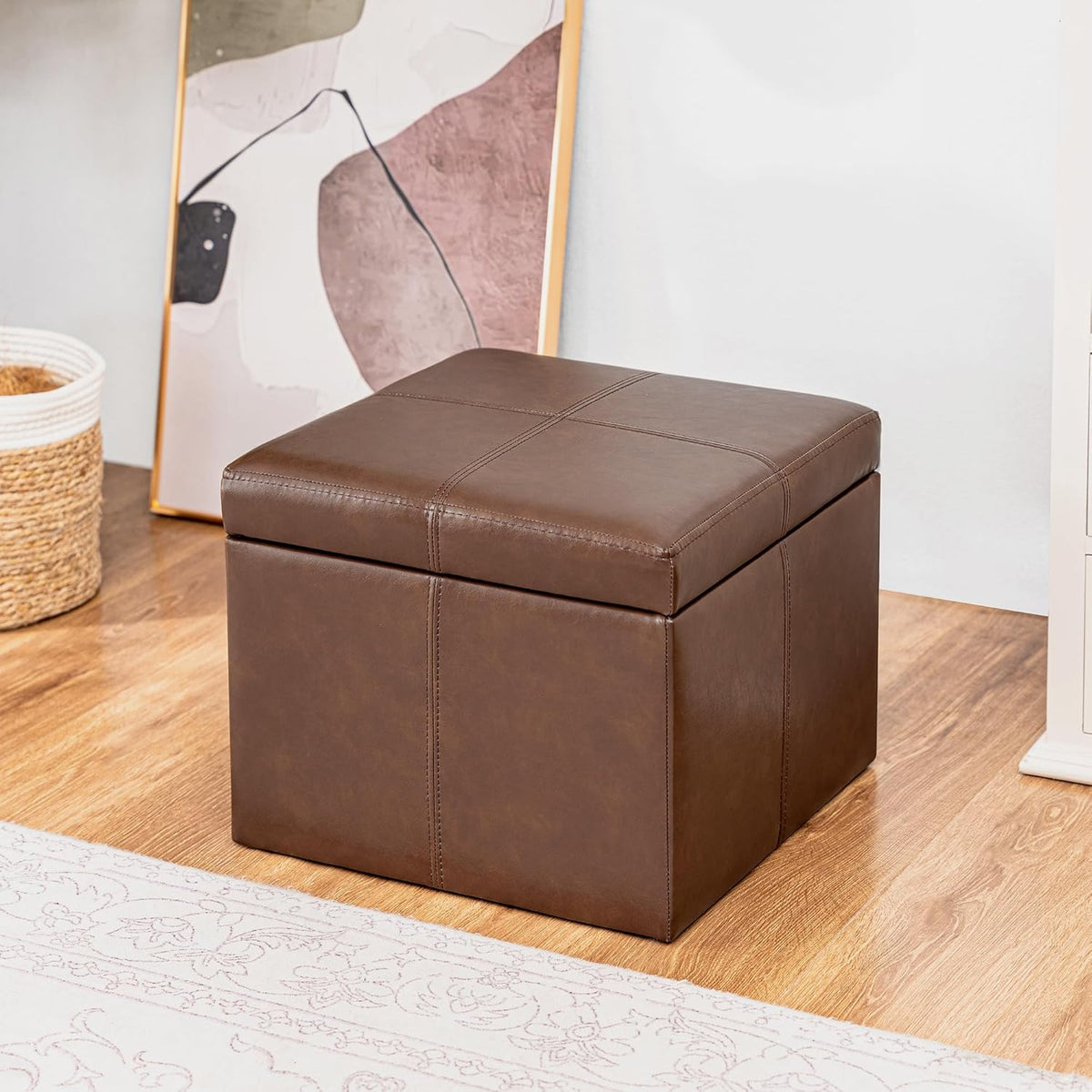 Adeco Storage Ottoman Foot Rest Stool, Leather Ottoman Footstool with Hinged Lid, 17" Small Foot