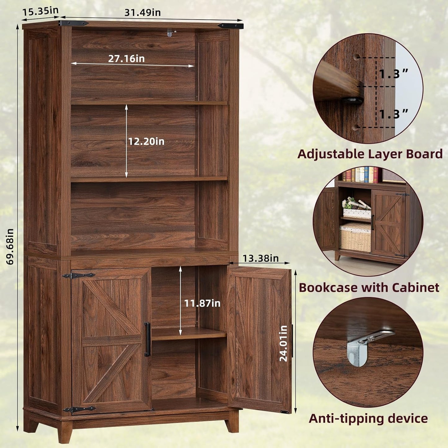 70in Tall Bookshelf 5 Tier Bookcase with Barn Doors and Adjustable Shelves, Brown Farmhouse Book