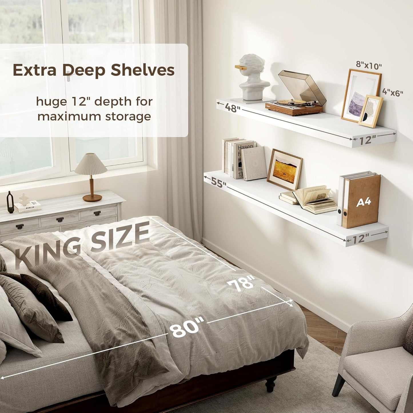 Fun Memories White Floating Shelves 55 Inch Long, 12 Inch Deep Floating Shelves for Wall, 55 x 12