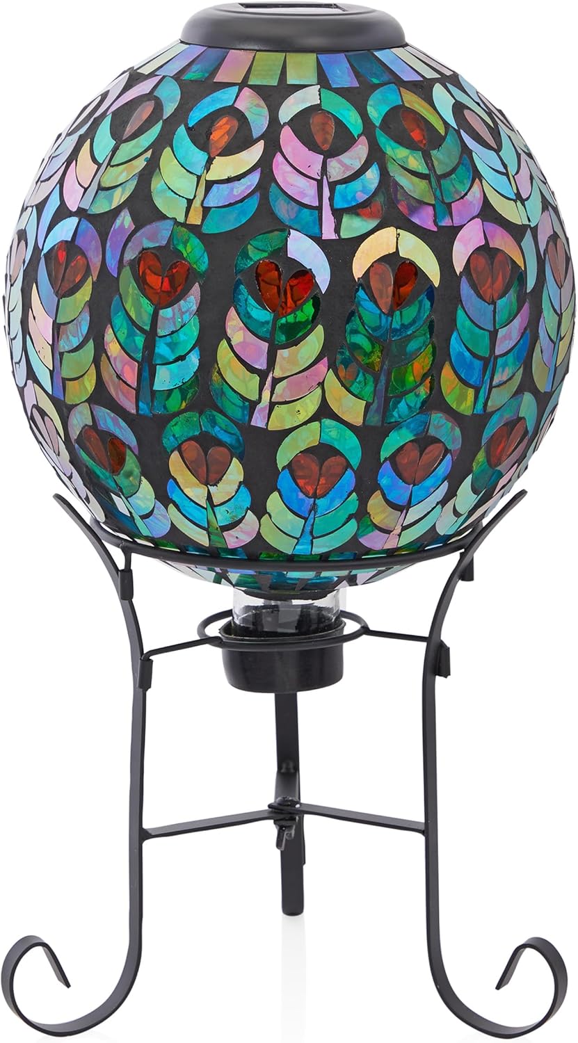 Alpine Corporation GRS926A-SLR Solar Gazing Globe w/Mosaic Peacock Feather Design & Metal Stand