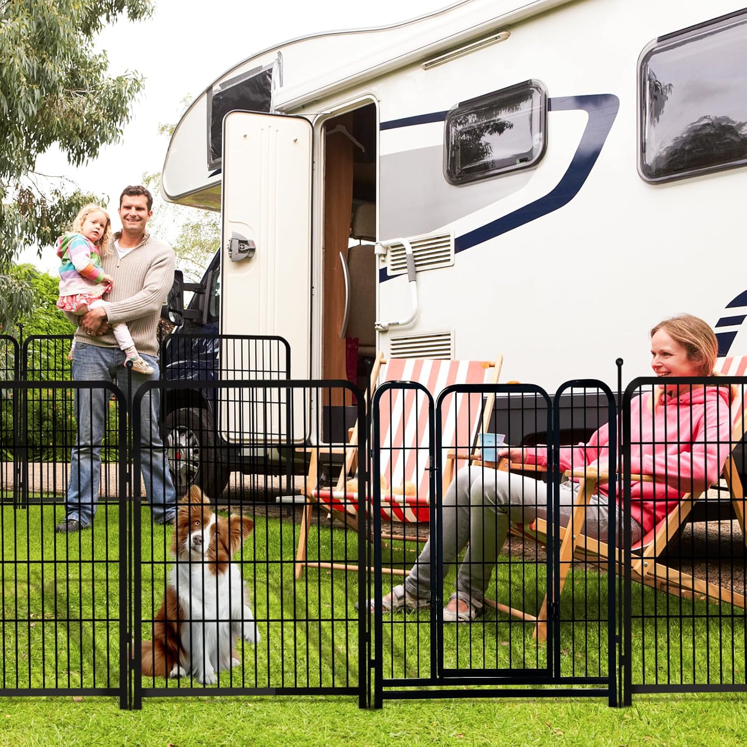36 in(H) Garden Fence With Gate, Wide Gate Low Threshold, 8 Panels Total 17.7 ft(L) Heavy Duty Iron