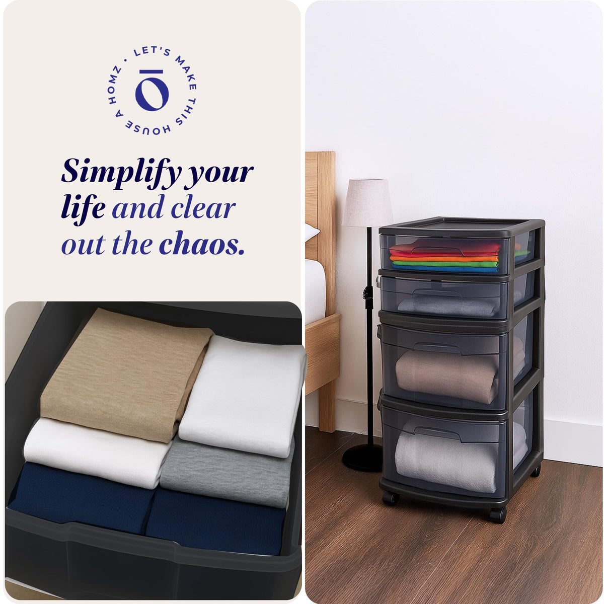 HOMZ Drawer Tower, 4-Tier Storage Cart with Removable Wheels, Black Frame