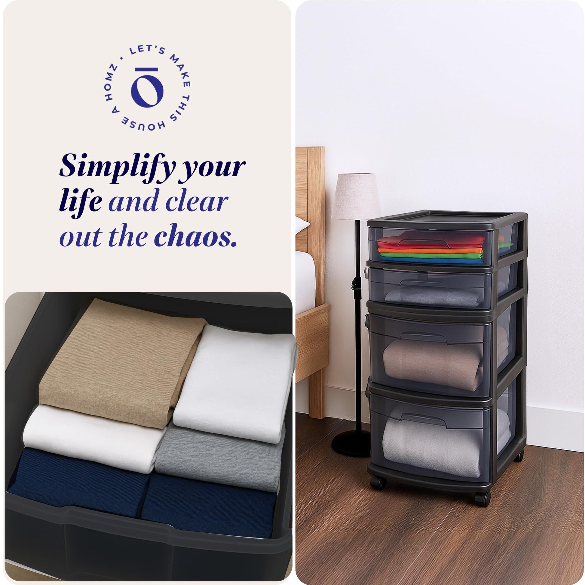 HOMZ Drawer Tower, 4-Tier Storage Cart with Removable Wheels, Black Frame