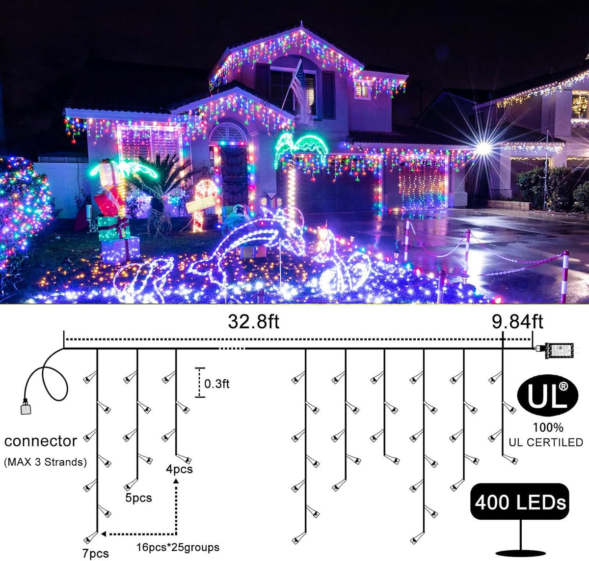 Icicle Christmas Lights Outdoor - 99FT 1216 LED Icicle Lights for Outside 8 Modes with 228 Drops