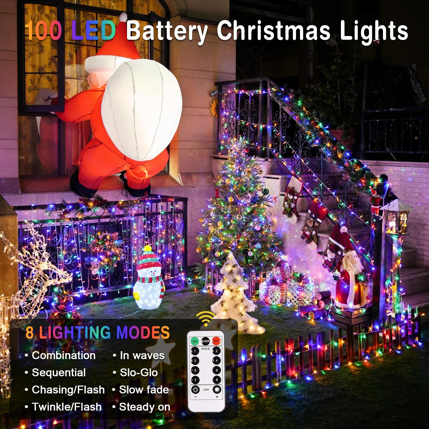 JMEXSUSS Multicolor Christmas Lights Battery Operated with 8 Modes Remote Waterproof, 33ft 100 LED