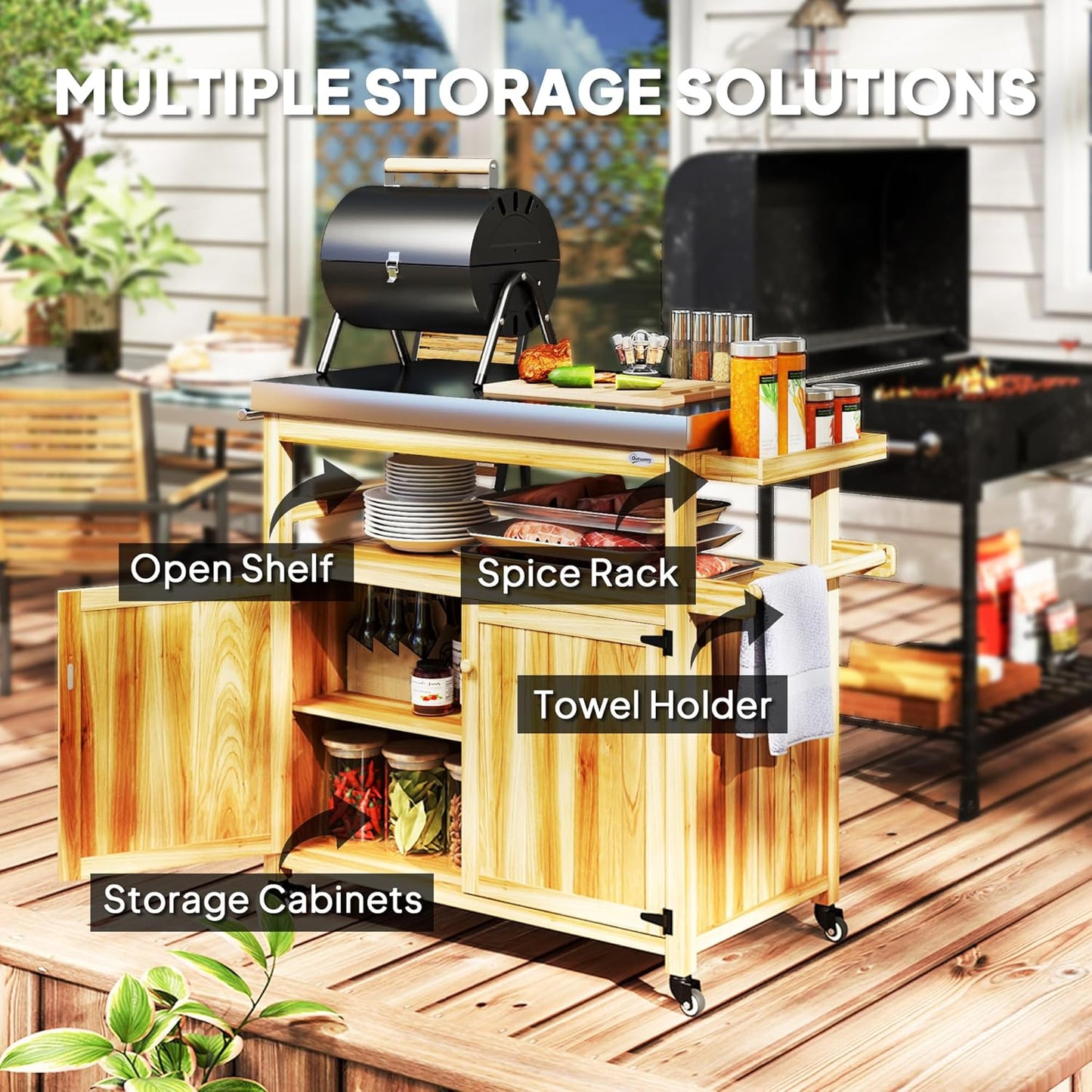 Outsunny Outdoor Grill Cart with Wheels and Storage, Solid Wood Outdoor Kitchen Island with