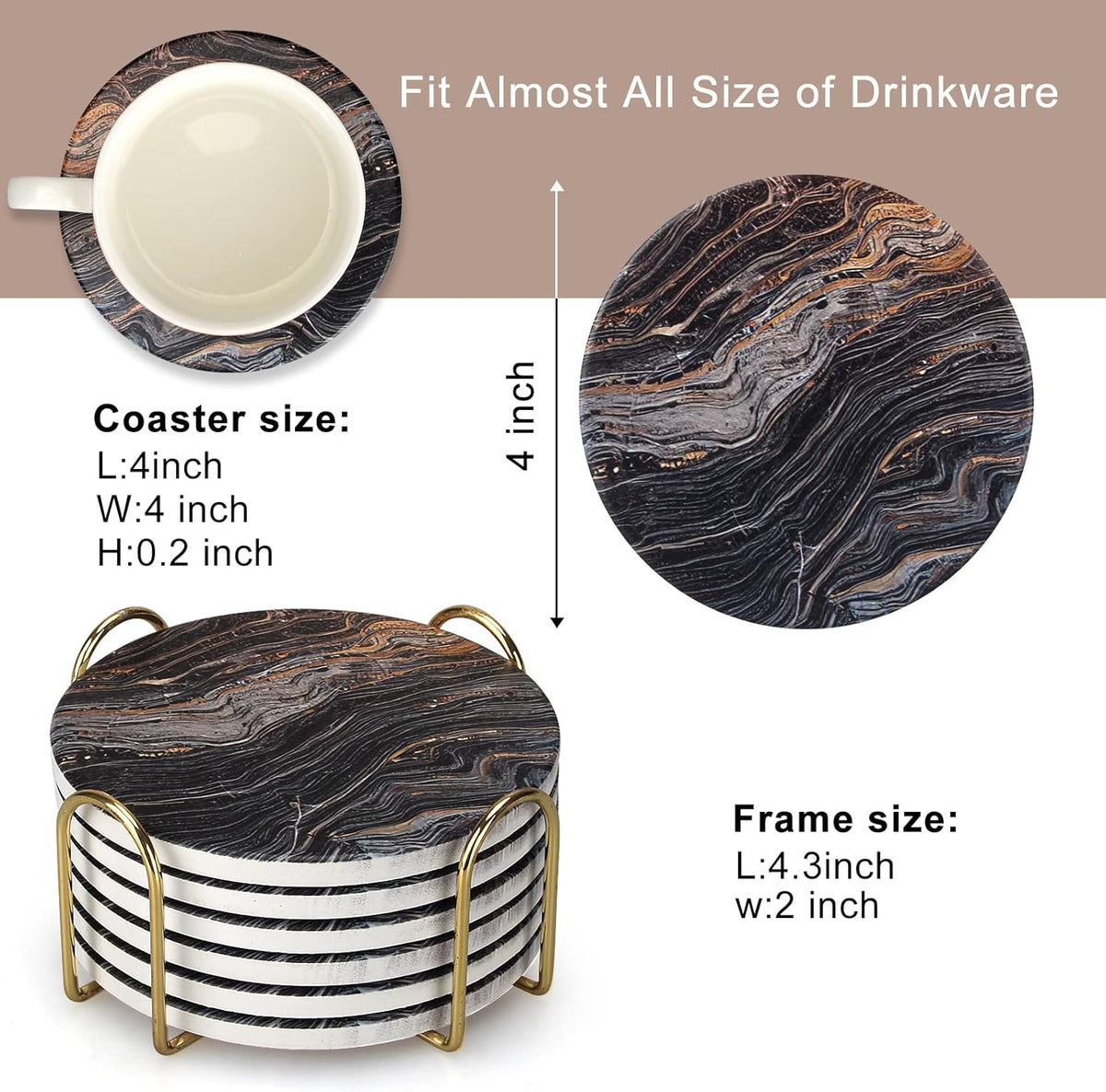 White Marble Style Ceramic Coasters Set of 6 with Holder Round Modern Coffee Table Decor Drink