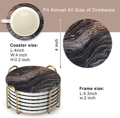 White Marble Style Ceramic Coasters Set of 6 with Holder Round Modern Coffee Table Decor Drink