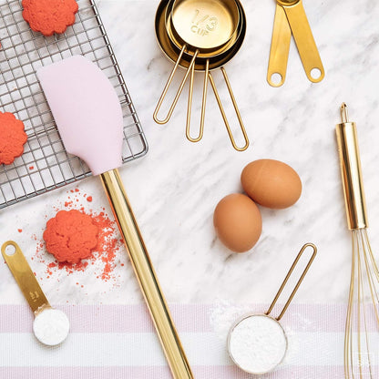 Gold and Pink Kitchen Utensil Set with Holder - 7-Piece Cooking Tools with Gold Whisk, Ladle