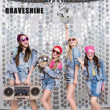BRAVESHINE Hanging Balls Party Streamers Backdrop - 2 Pack Silver Tinsel Foil Curtain Photo Fringe