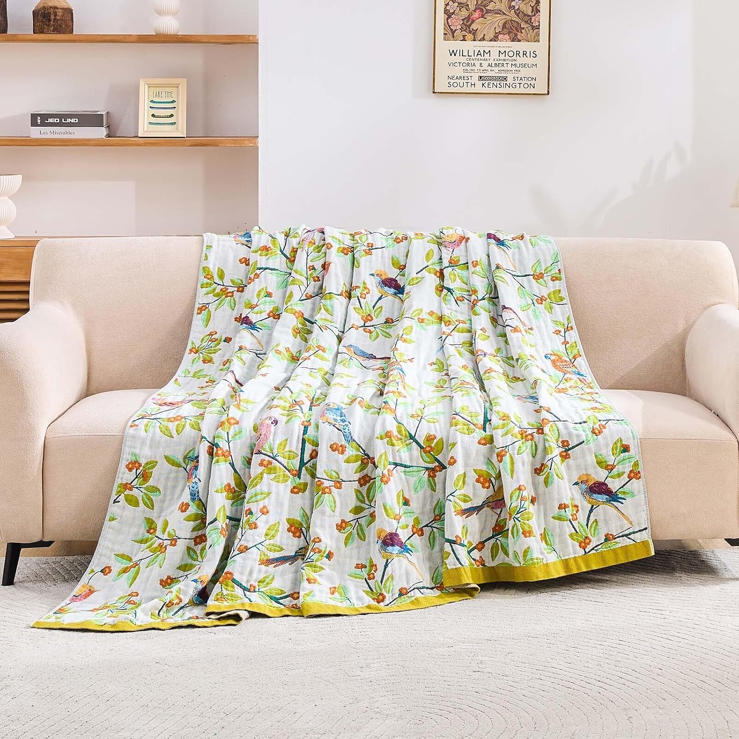 Boho Throw Blanket for Bed, 100% Cotton Soft Rustic Quilt Fall Blanket, 80"x90" Floral Printed