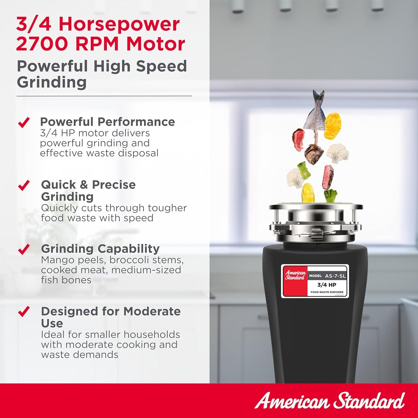 American Standard 10-US-AS-7-SL Garbage Disposal Anti-Jam Stainless Steel Food Waste Grinding