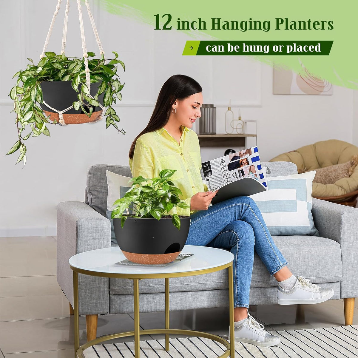 Hanging Planters for Outdoor Indoor Plants, 2 Pack 12 Inch Hanging Basket Plants Outdoor, Self