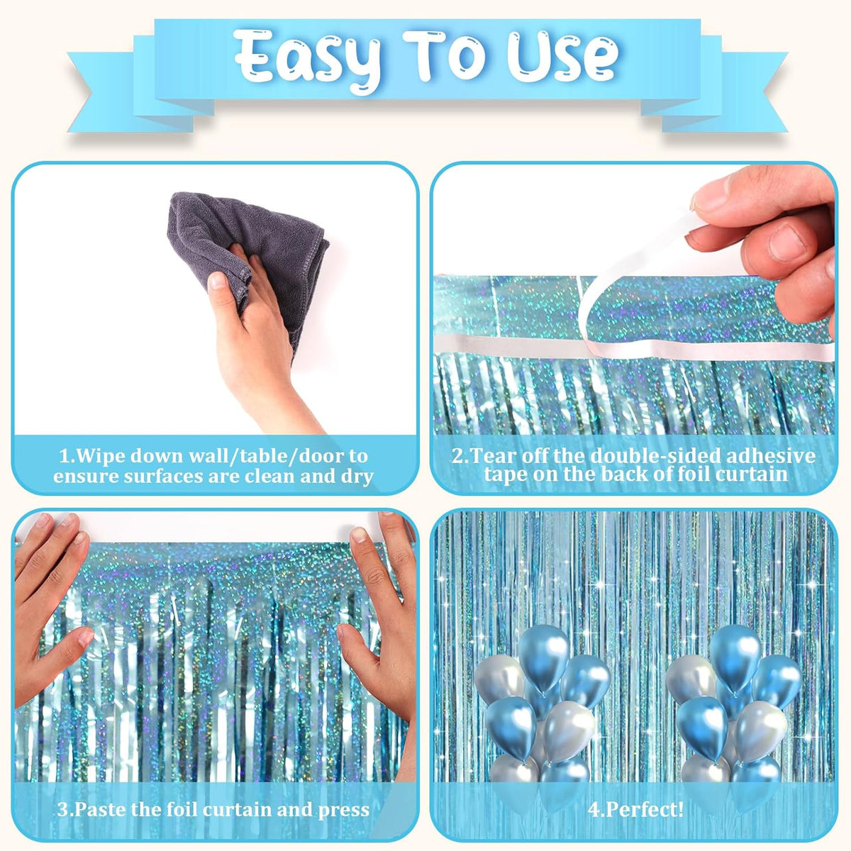 3 Pack 3.3 x 8.2 ft Laser Blue Foil Fringe Backdrop Curtains, Tinsel Streamers Party Decorations