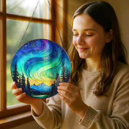 Stained Glass Window Hanging - 8 Inch Northern Lights Suncatcher for Window Doors Home Decoration
