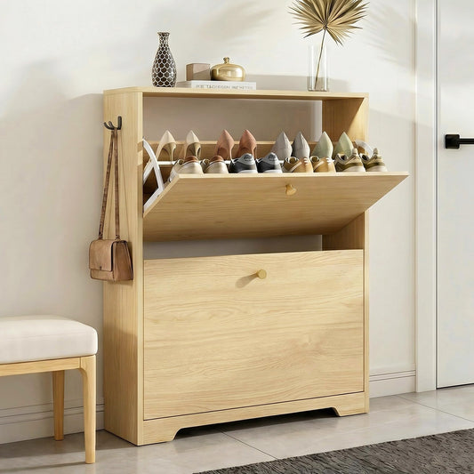 Nicetree Shoe Cabinet with 2 Flip Drawers, Narrow Shoe Organizer Cabinet, Freestanding Shoe Rack
