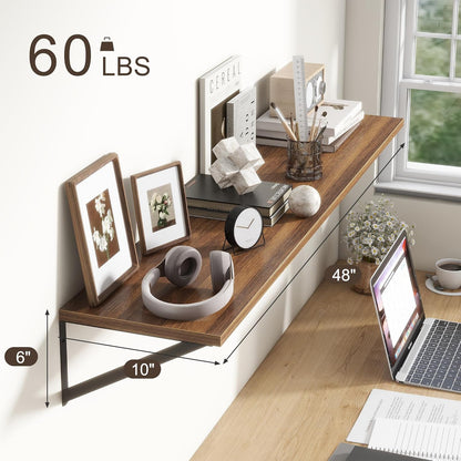Floating Shelves 48 Inch Long, 10" Deep Floating Shelves, Walnut Wall Shelves 48 x 10, Set of 2