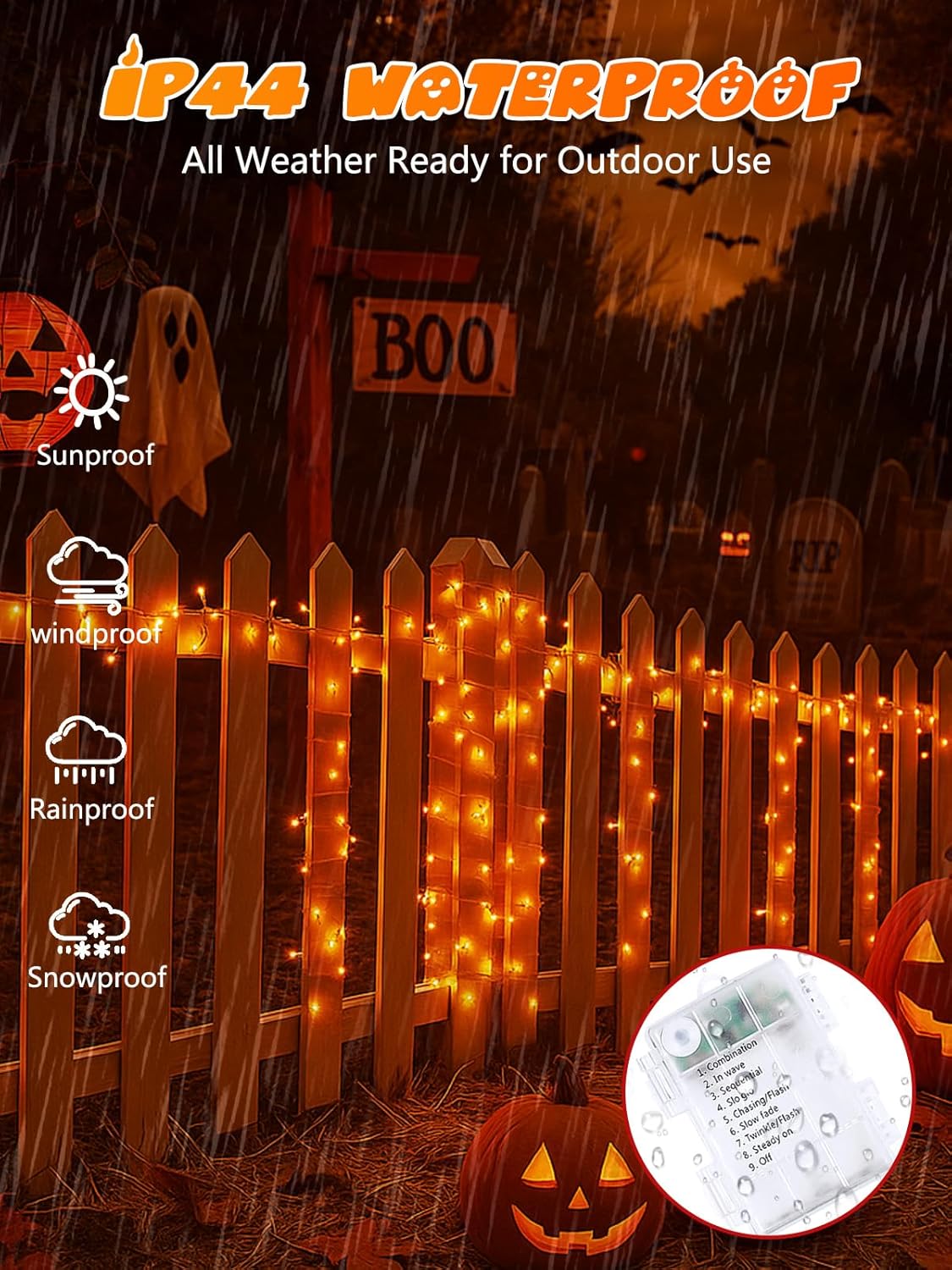 Halloween String Lights Battery Operated with Auto Timer, 33FT 100 LED Waterproof Orange String