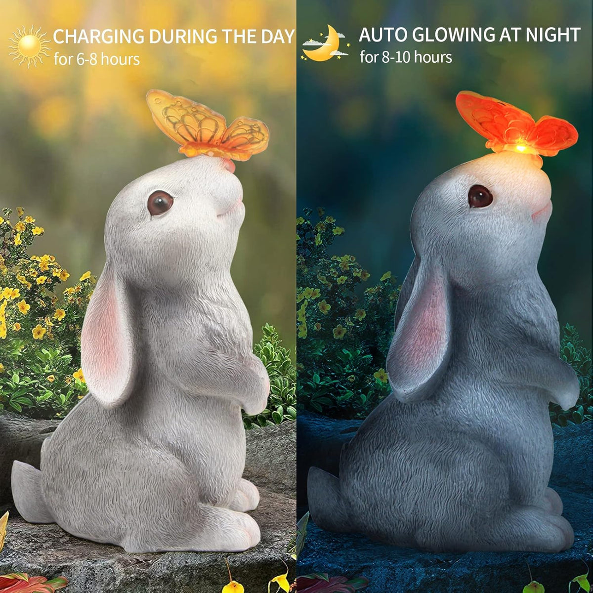Garden Statue Outdoor Decor-Rabbit with Solar Butterfly Changing Lights Garden Statues,Bunny Statue