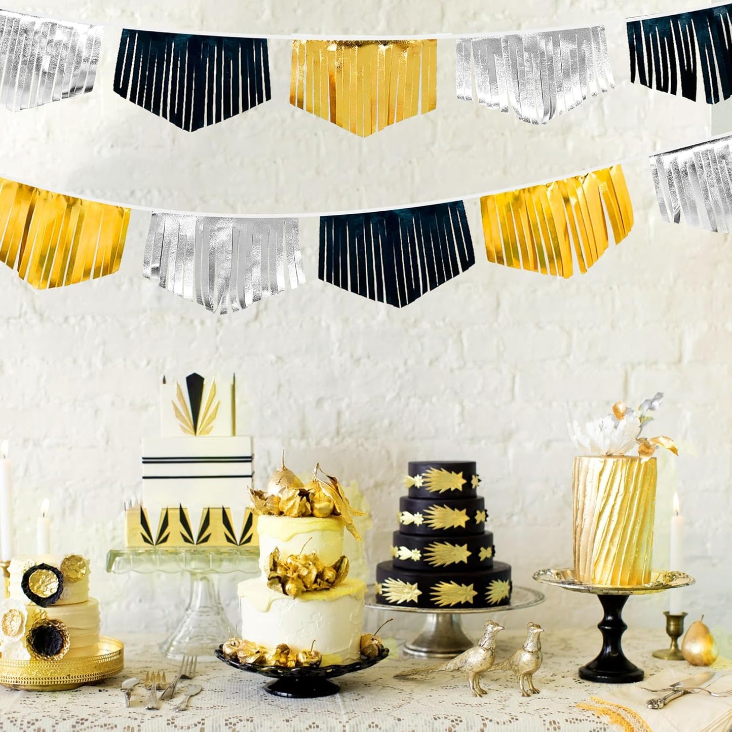 Black Silver Gold Tassel Banner Double Sided Metallic Fabric Pennant Bunting Flag Garland for