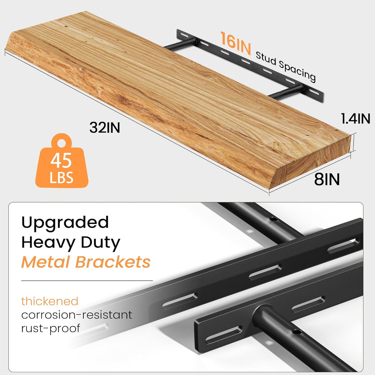 Floating Shelves for Wall, 32" Live Edge Solid Elm Wood Floating Shelf, Wall-Mounted Display