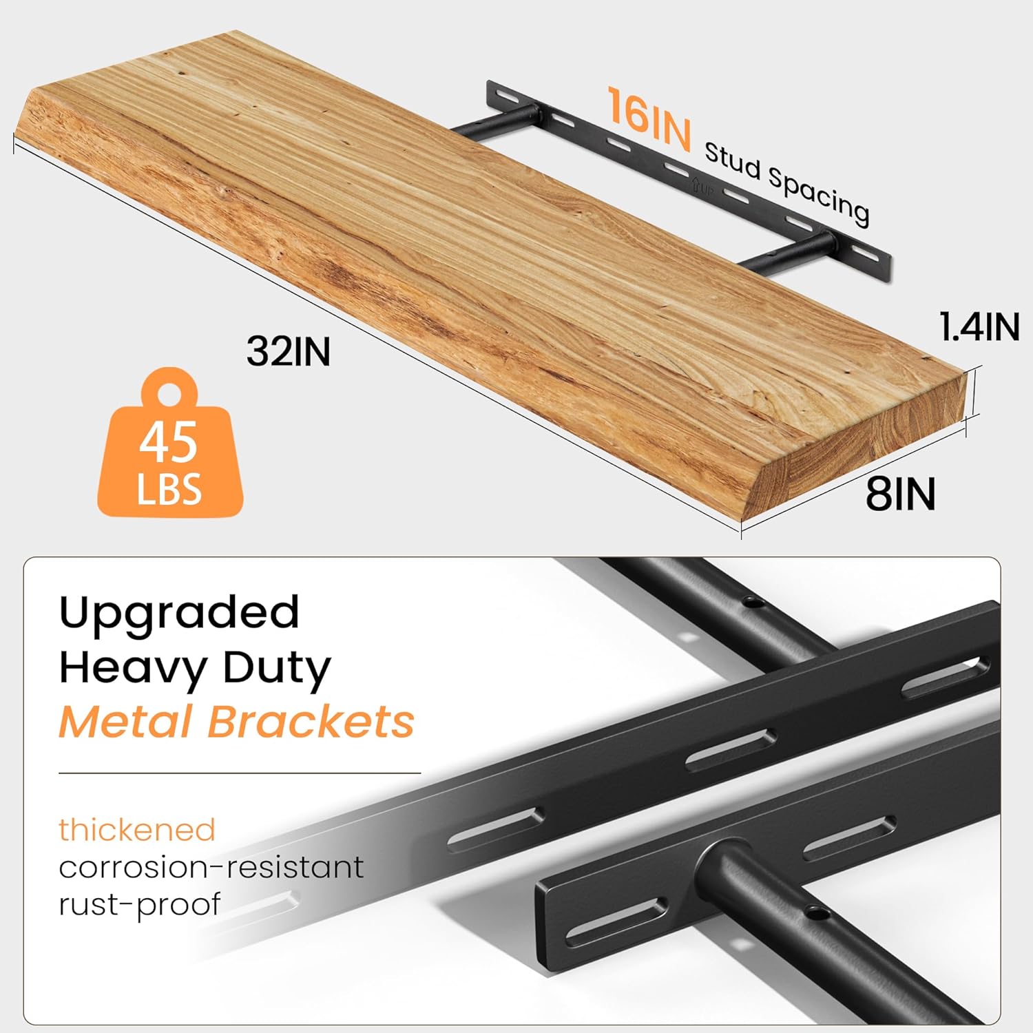 Floating Shelves for Wall, 32" Live Edge Solid Elm Wood Floating Shelf, Wall-Mounted Display