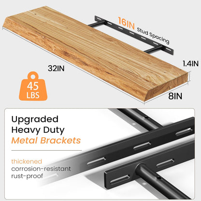 Floating Shelves for Wall, 32" Live Edge Solid Elm Wood Floating Shelf, Wall-Mounted Display