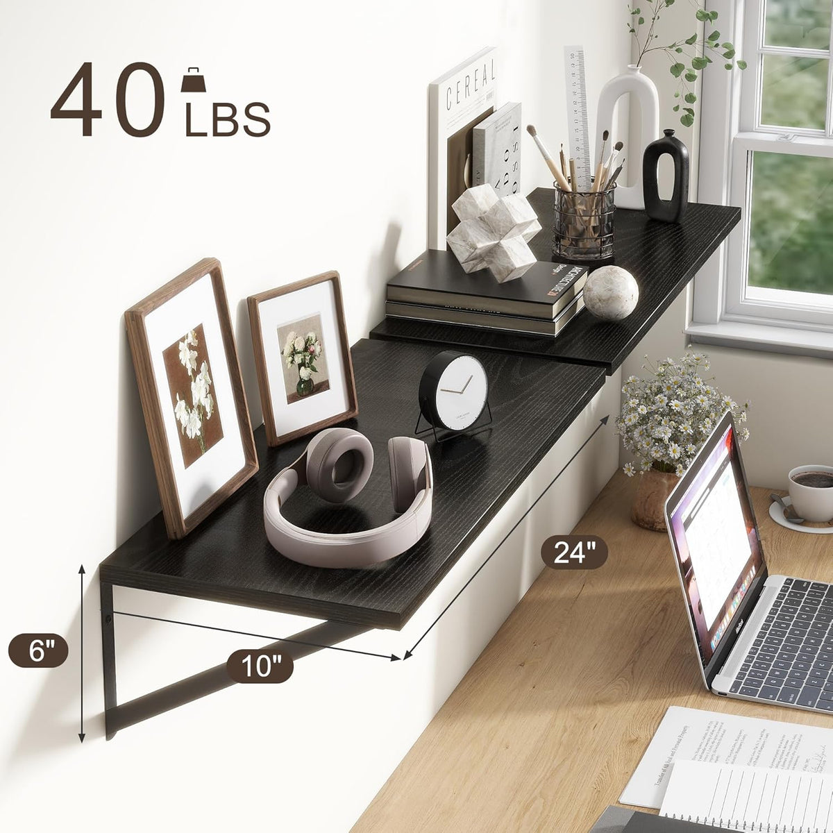 Deep Black Floating Shelves for Wall, 24"W x 10"D Wall Shelves Set of 2, 10 Inch Deep Floating