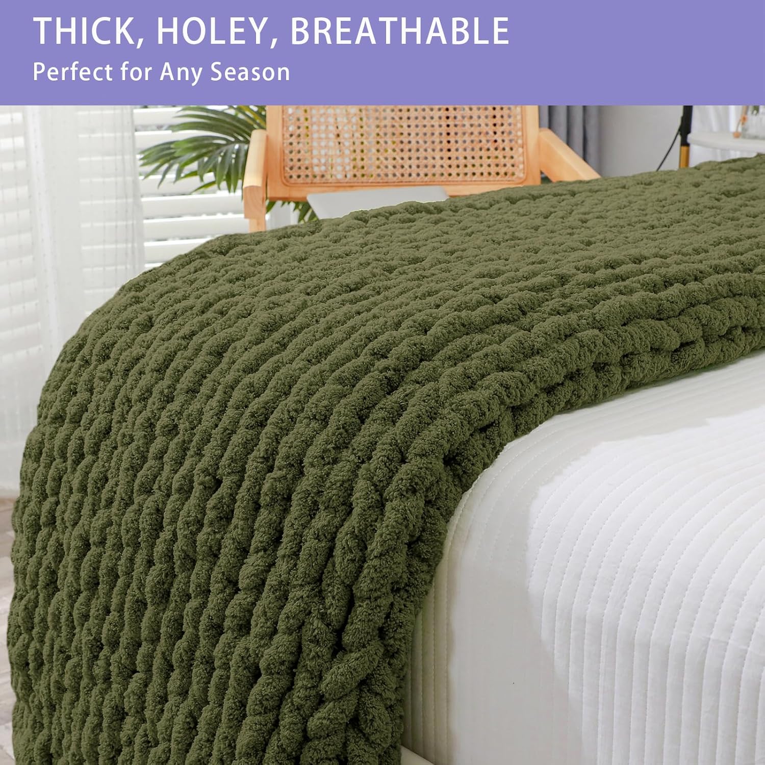 Bigacogo Chunky Knit Throw Blanket for Couch, 51x63 inches, 100% Hand Knitted with Thick Jumbo