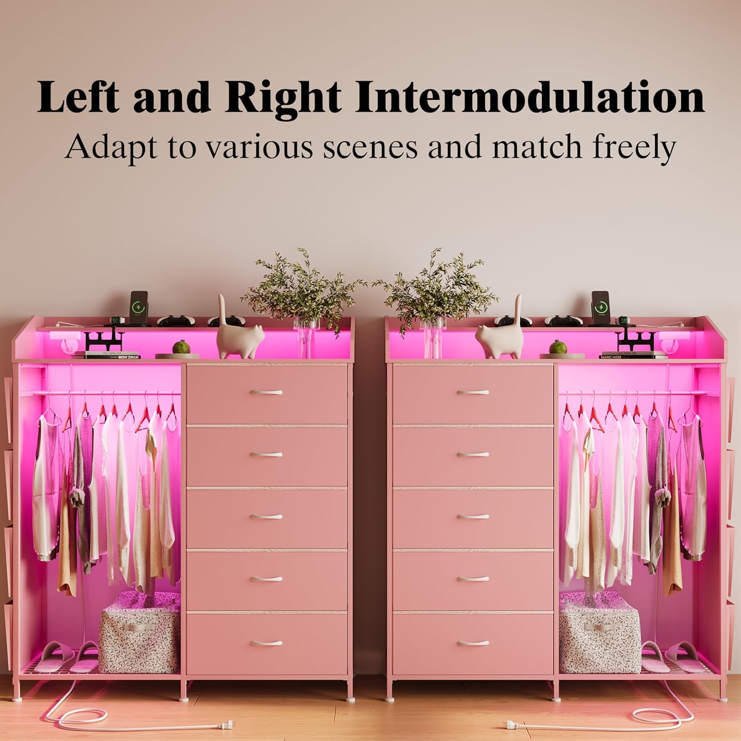 LUMTOK 2-in-1 Dresser with Hanging Racks,5 Fabric Drawers Dressers with LED Lights, Charging