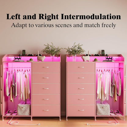 LUMTOK 2-in-1 Dresser with Hanging Racks,5 Fabric Drawers Dressers with LED Lights, Charging