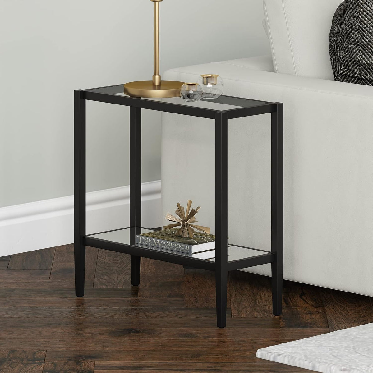 Henn&Hart 24" Wide Rectangular Side Table with Glass Shelf in Blackened Bronze, Table for Living
