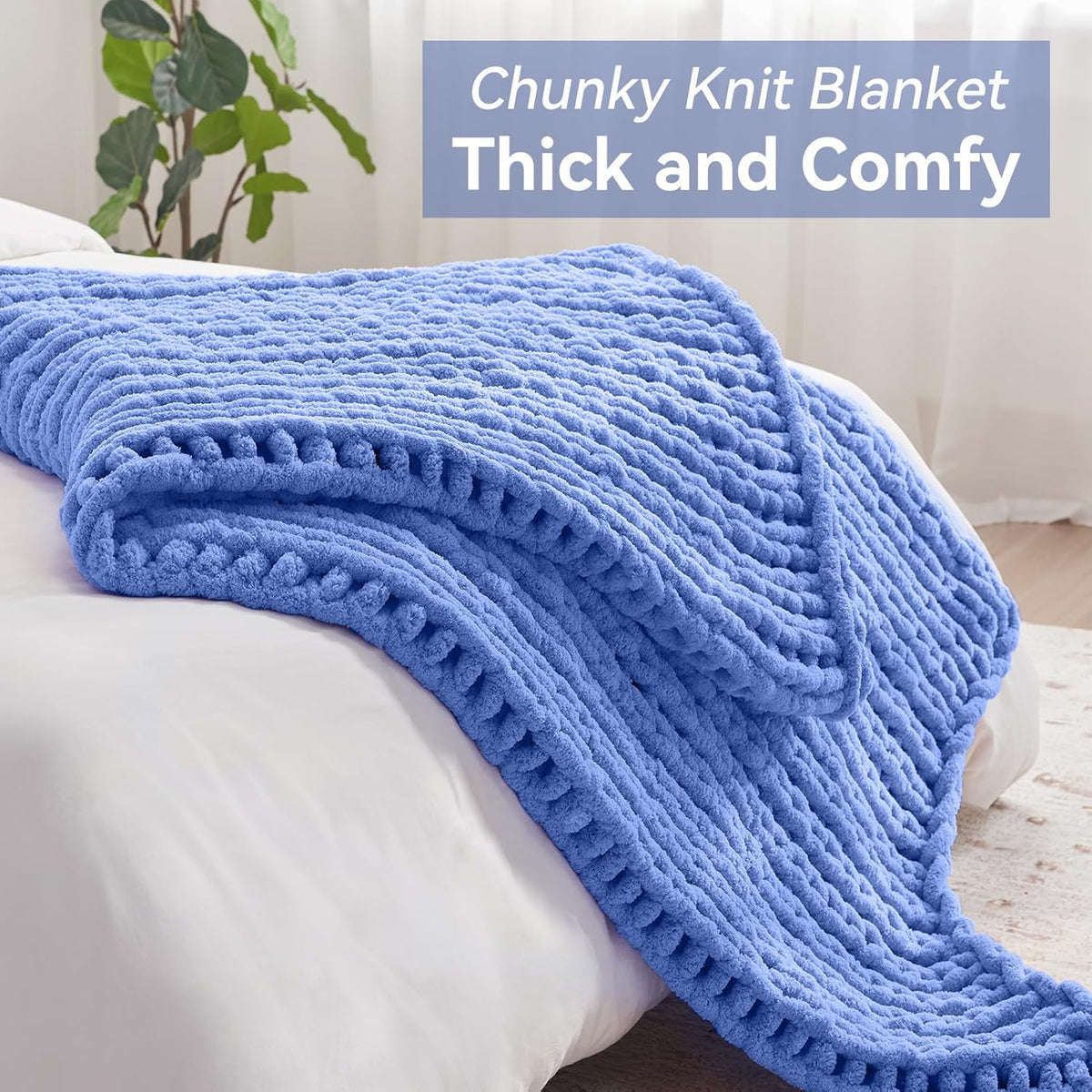 Chunky Knit Throw Blanket, 60''*80'' Knitted Throw Chenille Yarn for Bed Couch, Handmade Light Blue