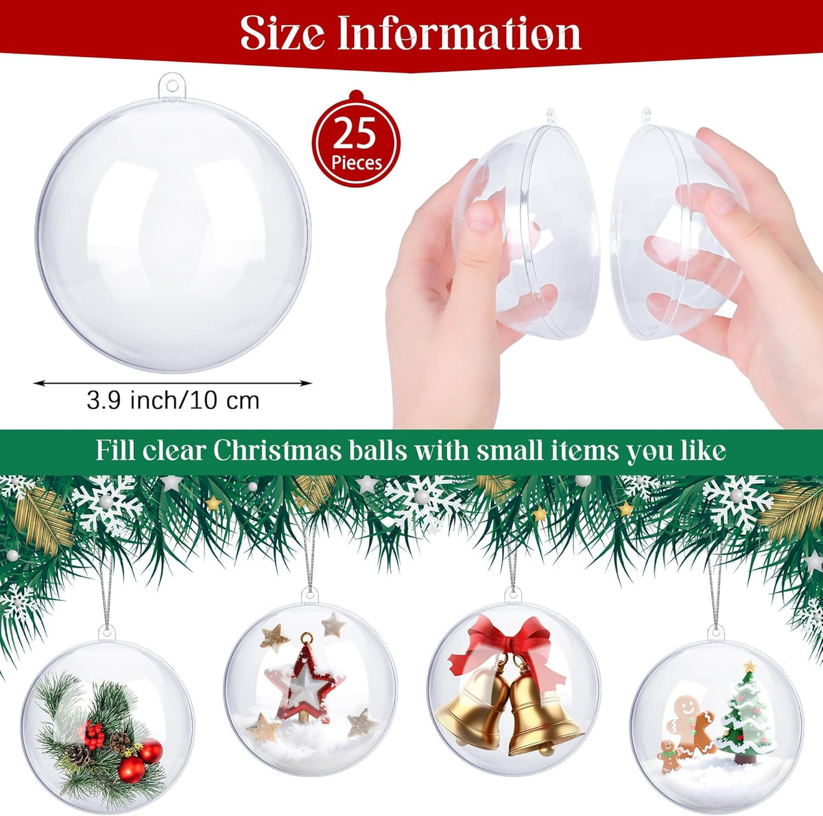 ANVAVO 25 Pieces 10 cm Christmas Clear Plastic Fillable Ball Ornaments DIY Craft Transparent