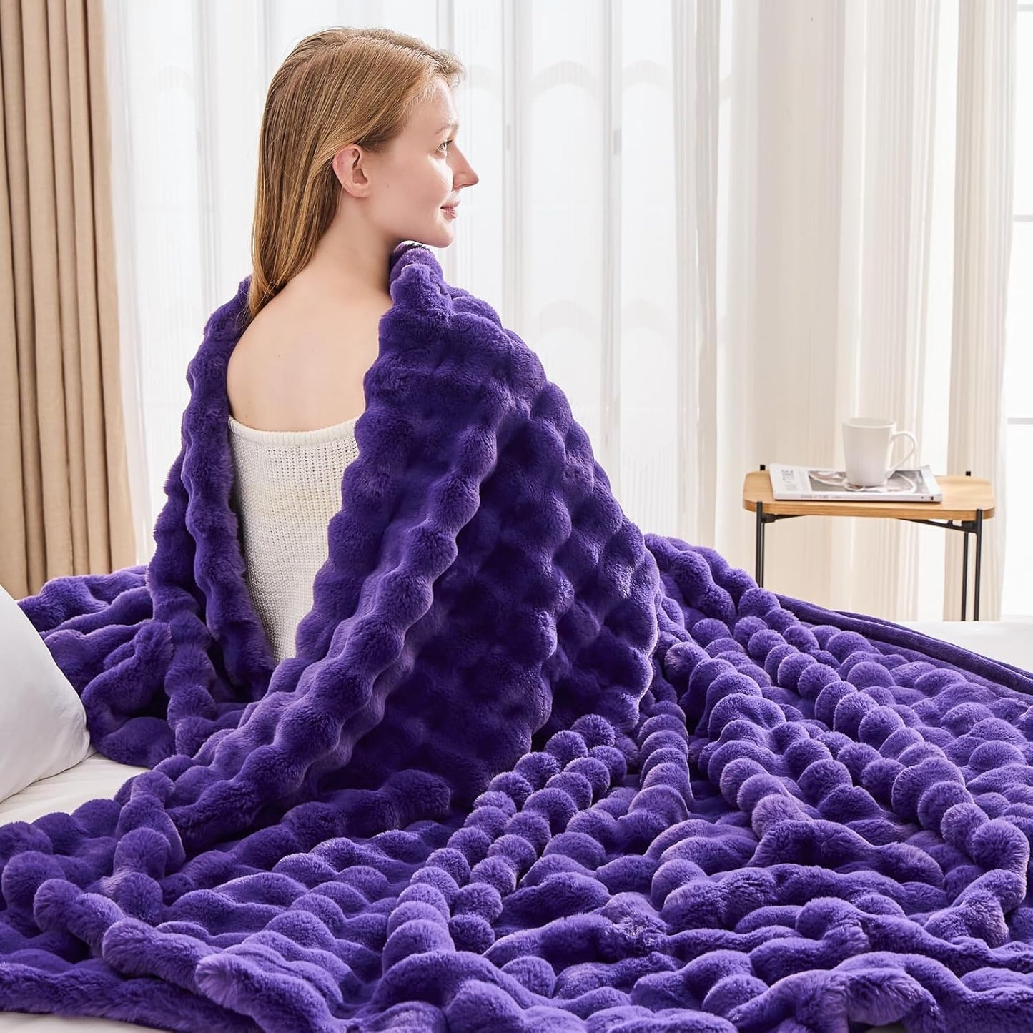 NEWCOSPLAY Faux Fur Twin Blanket Purple Bubble Blanket Thick Warm Soft for Couch Sofa Bed 550GSM
