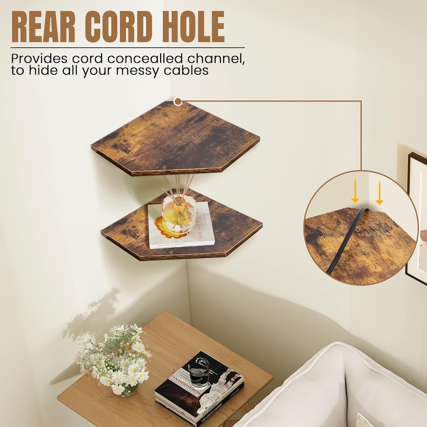 Corner Shelf Wall Mount, Floating Corner Shelves, Set of 4 Corner Wall Shelf Organizer, Rustic Wood