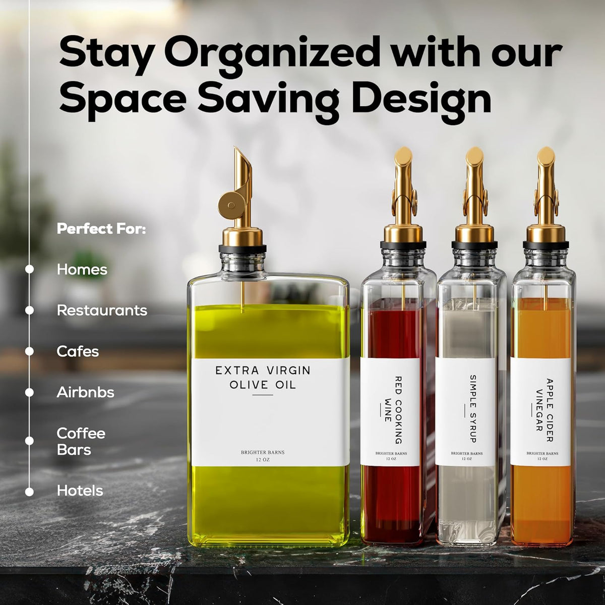 Glass Olive Oil Dispenser Bottle for Kitchen by Brighter Barns - Coffee Syrup Dispenser, Oil and