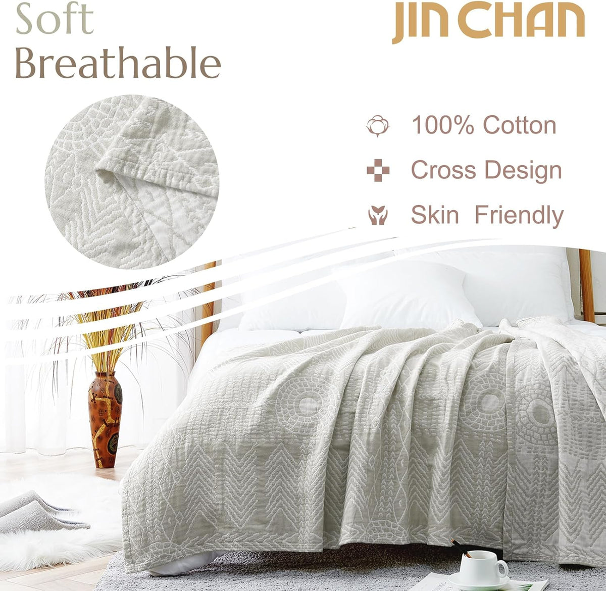 JINCHAN Boho 100% Cotton Muslin Blanket 3-Layer Twin Size Geometric Lightweight Reversible Soft