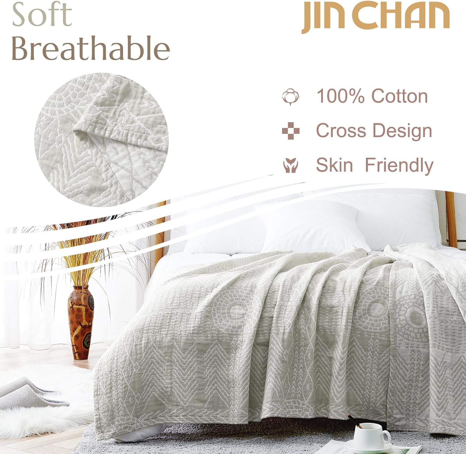 jinchan Boho 100% Cotton Muslin 50x60 Throw Blanket Lightweight 3-Layer Light Grey Blanket Washable