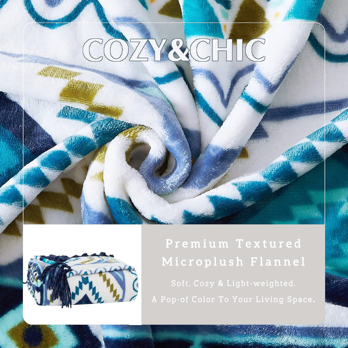 CASAAGUSTO Boho Throw Blanket - Blue and White Decorative Blankets with Tassel, Printed Flannel