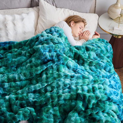 NEWCOSPLAY Faux Fur Throw Blanket Tie-dye Dark Teal Luxury Fluffy Thick Warm Bubble Blanket for